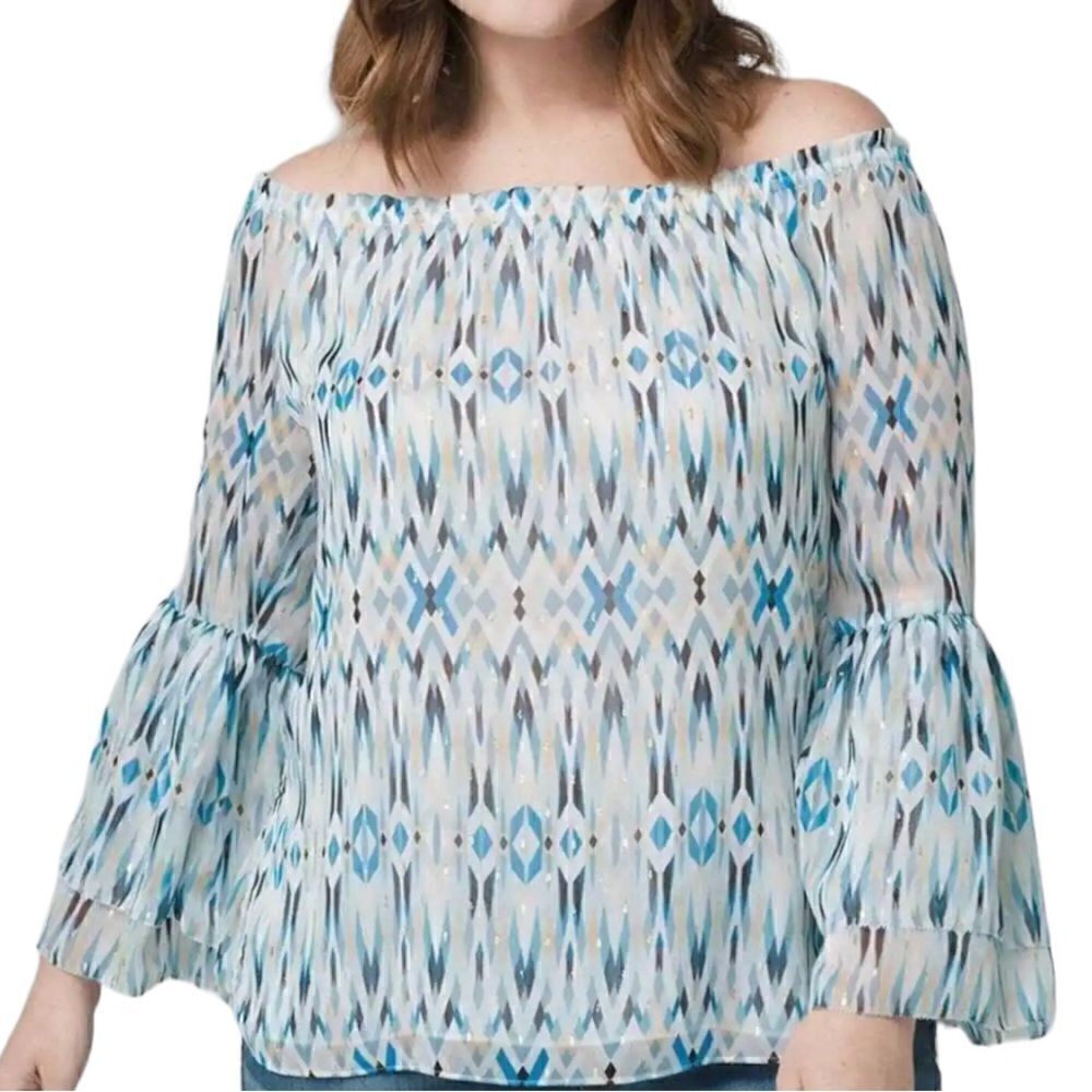 White House Black Market Off The Shoulder Metallic Bell Sleeve Blouse Medium